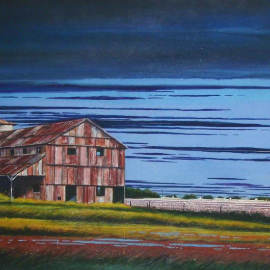 Defunct Cotton Gin and Field 18x52  Oil on paper