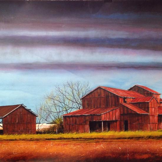 Flat Out Farm Field and Agri Building 28 x59  Oil and dry pigment on rag paper