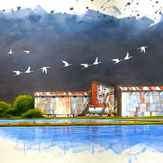 Late Light Agri Bldg Louisiana Rice Mill 36x76  Oil on paper