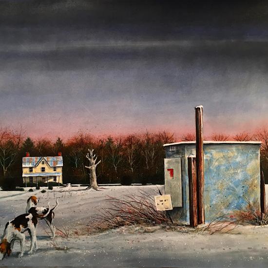Winter Watch Double Dog 36x42  Oil and dry pigment on paper
