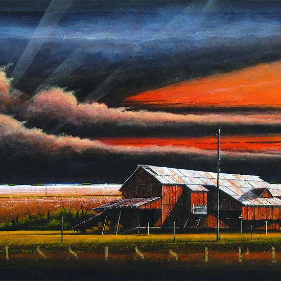 Bull Barn Storm, polymer paint on canvas 34x72